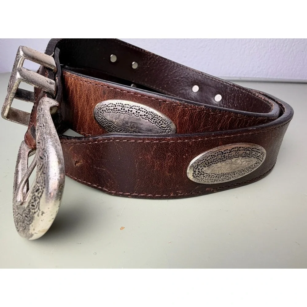 Bill Adler Studio Leather Western Concho Belt Brown Engraved Buckle Size 38